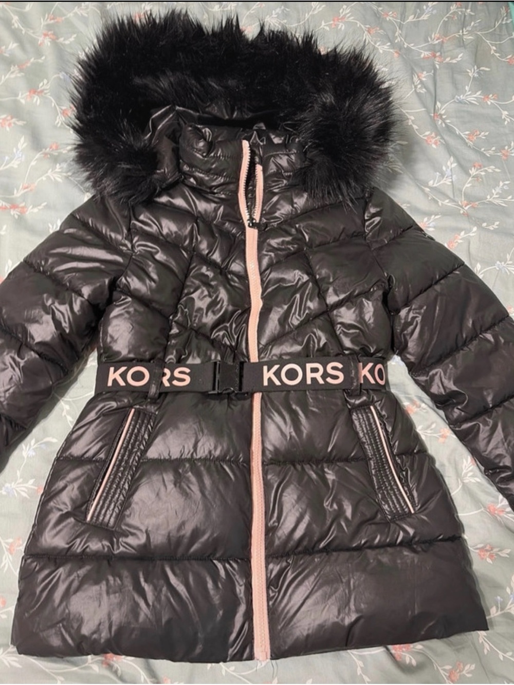 Michael Kors Black Puffer Coat with Pink Trim and Logo Belt